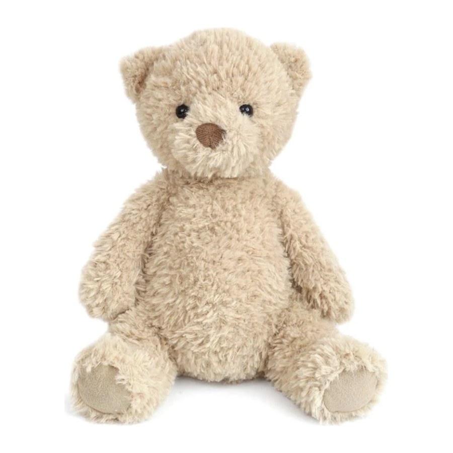 A soft light tan teddy bear with curly faux fur, sitting upright.