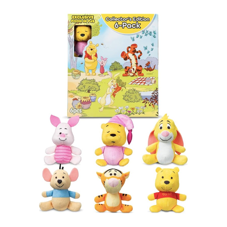 Six soft mini plush friends, Piglet, Pooh in pajamas, Rabbit, Roo, Tigger and Pooh, below their storybook box.
